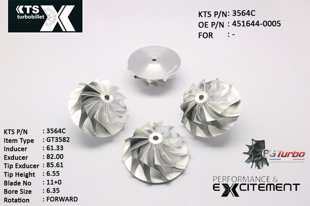 Turbo ROUE FORGÉE MFS PERFORMANCE - 11+0 PALES - INDUCER : 61,33 - EXDUCER : 82 - TYPE : GT3582ANGLE : 45° - ROTATION : Forward - SUPER BACK : 2,3497 - BORE SIZE : 6,35
